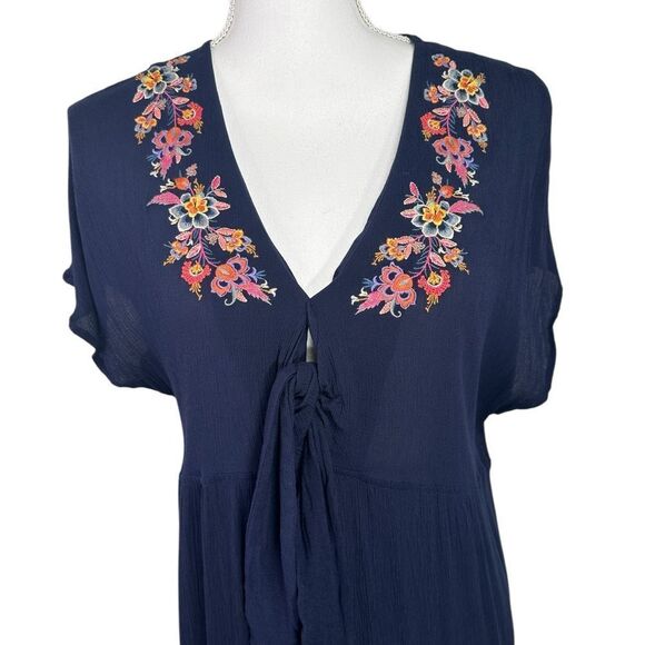 Johnny Was Embroidered Kaftan Kimono Maxi Dress Bohemian Navy Medium - Picture 2 of 11